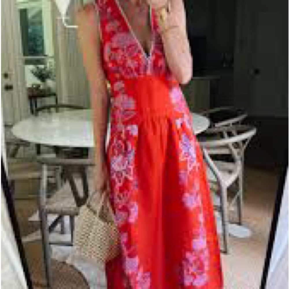 Farm Rio Red Porcelain Garden Euroflax™ Premium Linen Midi Dress - Picture 7 of 10